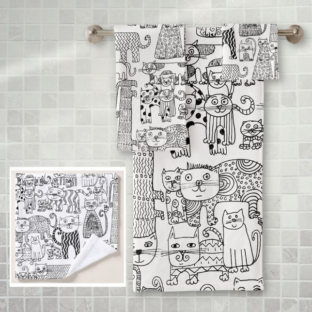 Modern Black and White Cats And Kittens Patterned Bath Towel Set (Modern Black and White Cats And Kittens Patterned Bath Towel Set)
