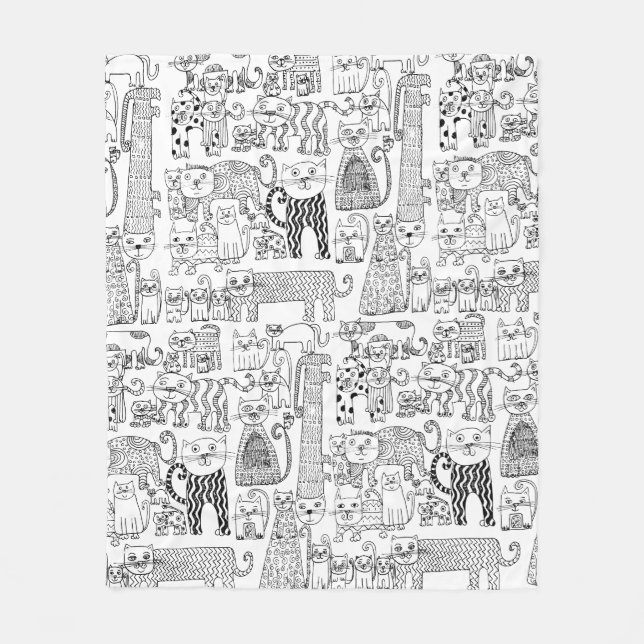 Modern Black and White Cats And Kittens Patterned Fleece Blanket (Front)