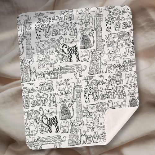 Modern Black and White Cats And Kittens Patterned Sherpa Blanket