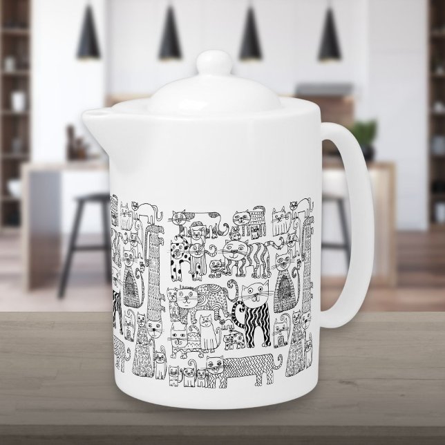 Modern Black and White Cats And Kittens Patterned Teapot (Modern Black and White Cats And Kittens Patterned Teapot)