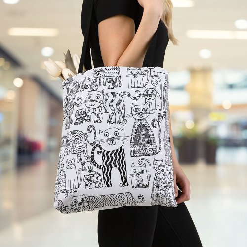 Modern Black and White Cats And Kittens Patterned Tote Bag
