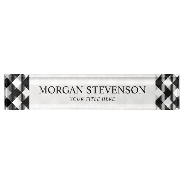 Modern Black and White Check Gingham Pattern Name Plate (Front)