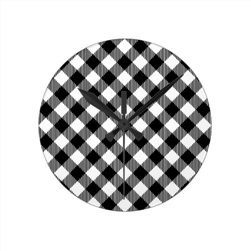 Modern Black and White Check Gingham Pattern Round Clock