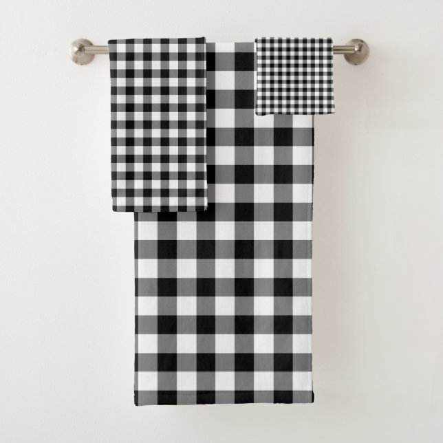Modern Black And White Checked Gingham Pattern Bath Towel Set (Insitu)