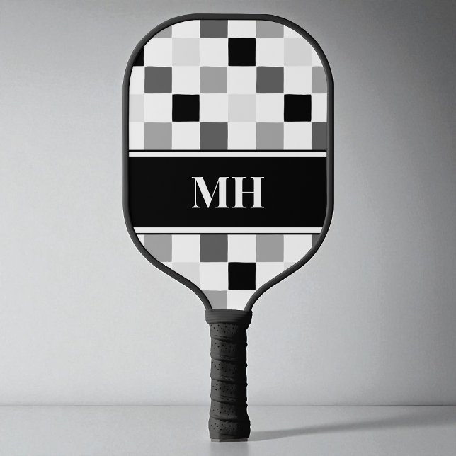 Modern Black and White Checkered Initials Monogram Pickleball Paddle (Modern Black and White Checkered Initials Monogram Pickleball Paddle)