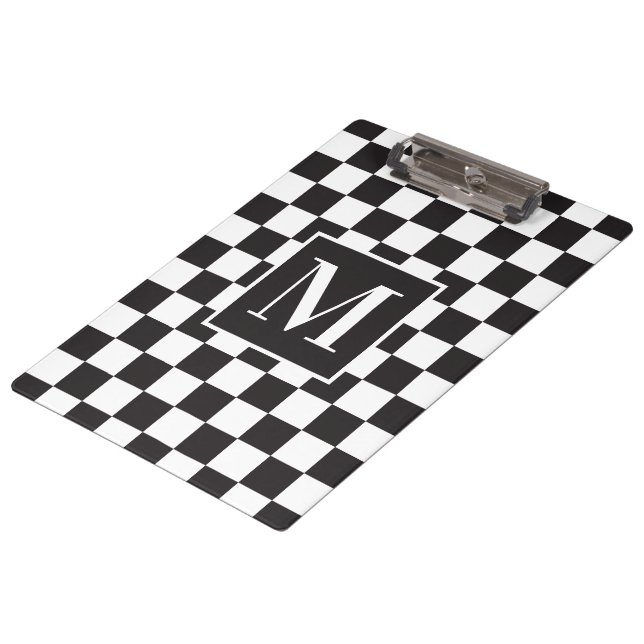 Modern Black and White Checkered Pattern Monogram Clipboard (Angled)