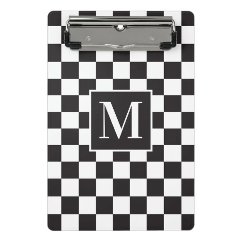 Modern Black and White Checkered Pattern Monogram Mini Clipboard