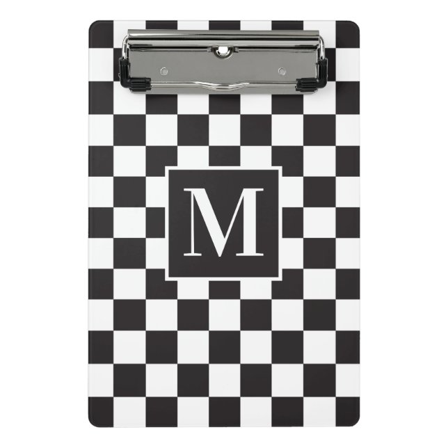 Modern Black and White Checkered Pattern Monogram Mini Clipboard (Front)