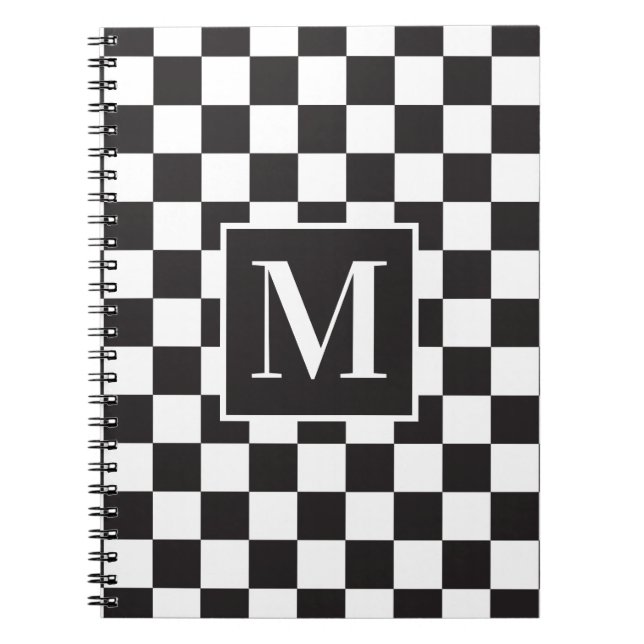 Modern Black and White Checkered Pattern Monogram Notebook (Front)