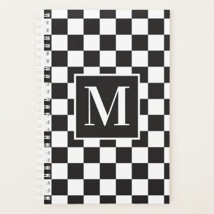 Modern Black and White Checkered Pattern Monogram Planner