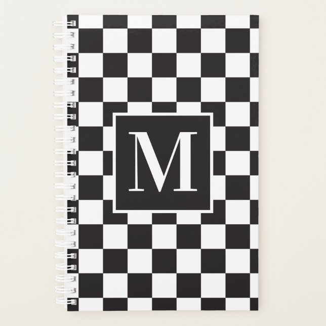 Modern Black and White Checkered Pattern Monogram Planner (Front)