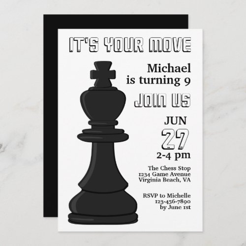 Modern Black and White Chess Piece King Birthday Invitation
