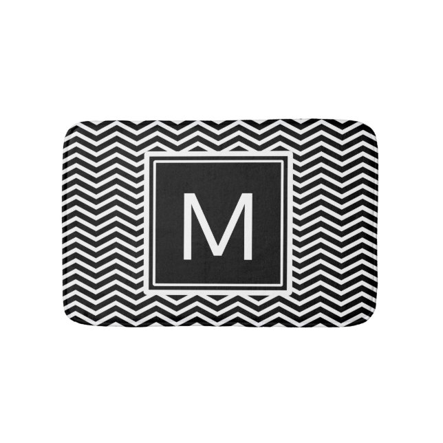 Modern Black and White Chevrons With Monogram Bath Mat (Front)