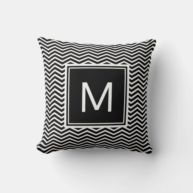 Modern Black and White Chevrons With Monogram Throw Pillow (Front)
