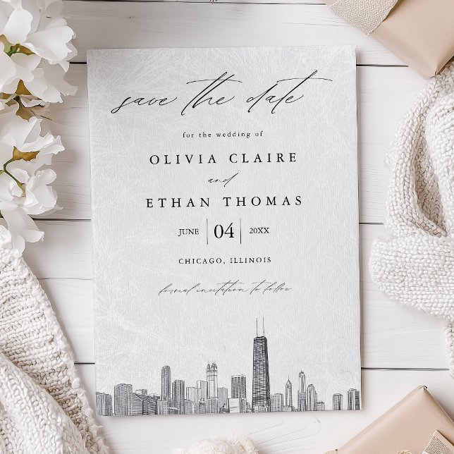 Modern Black and White Chicago Skyline Wedding Save The Date (Creator Uploaded)