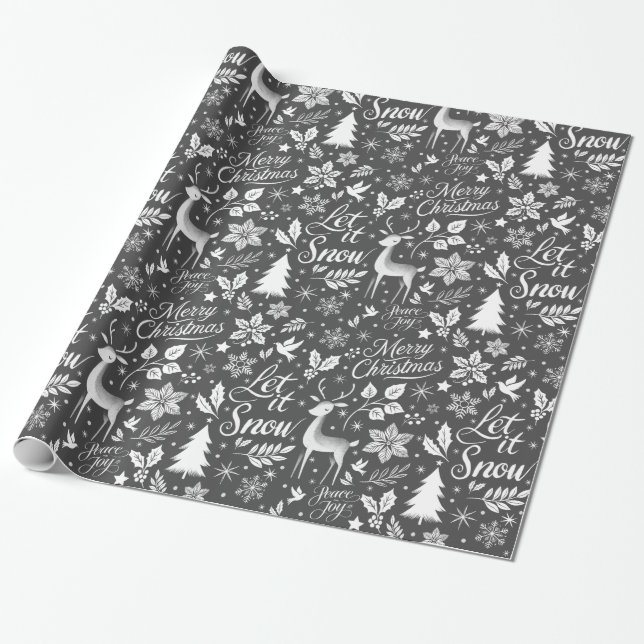 Modern Black and White Christmas Greetings Wrapping Paper (Unrolled)