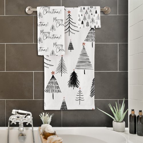 Modern Black and White Christmas Pine Trees Bath Towel Set