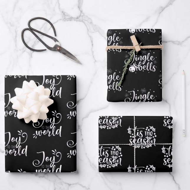Modern Black and White Christmas Quotes Gift Wrapping Paper Sheets (Front)