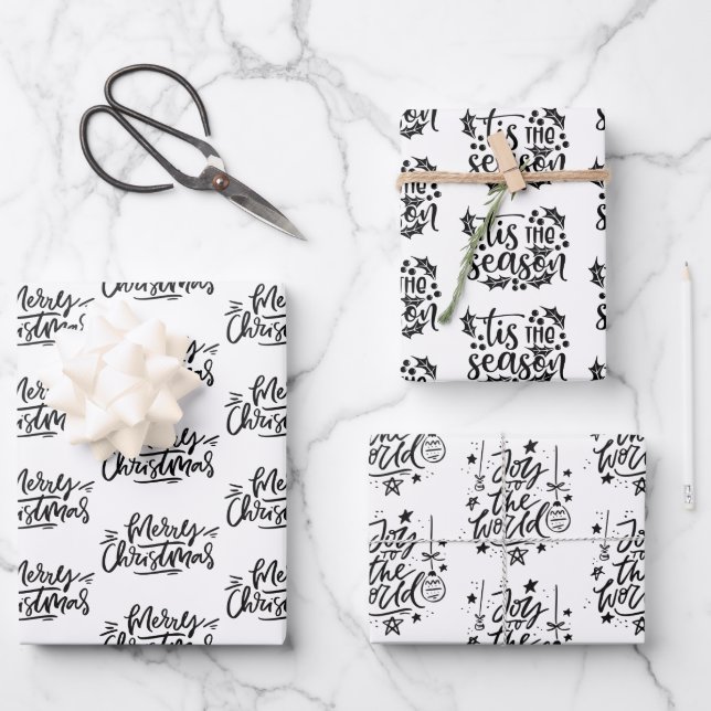 Modern Black and White Christmas Quotes Gift Wrapping Paper Sheets (Front)