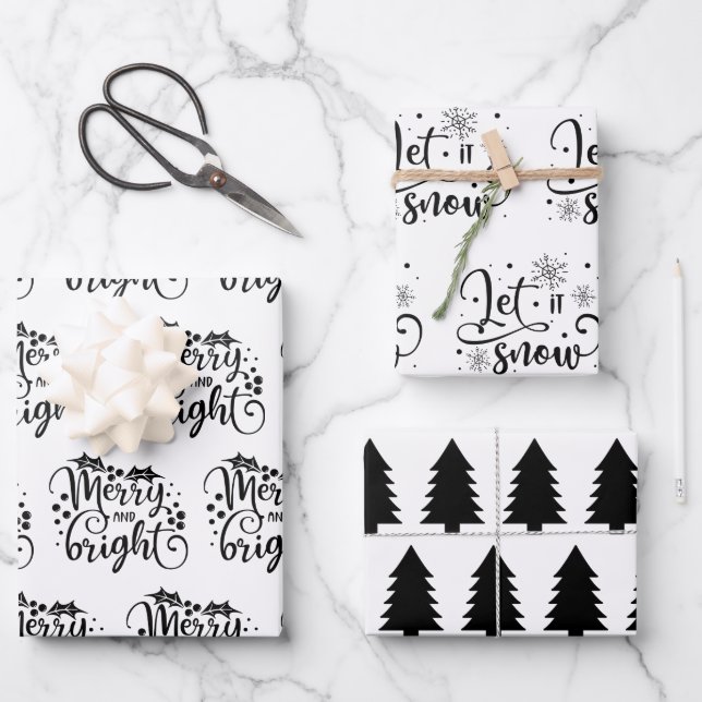 Modern Black and White Christmas Quotes Tree Gift Wrapping Paper Sheets (Front)