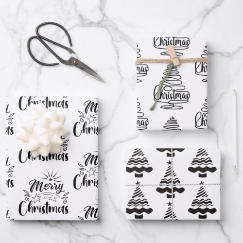 Modern Black and White Christmas Tree Gift Wrapping Paper Sheets