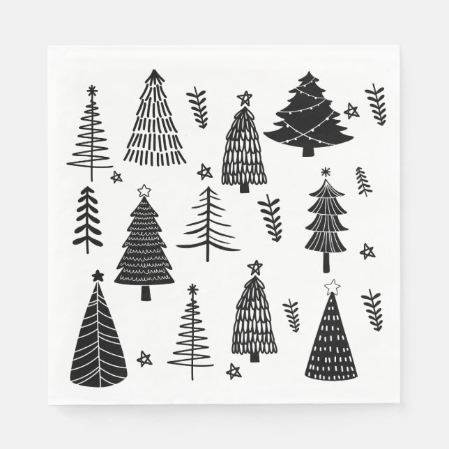 Modern Black and White Christmas Tree  Napkins (Front)