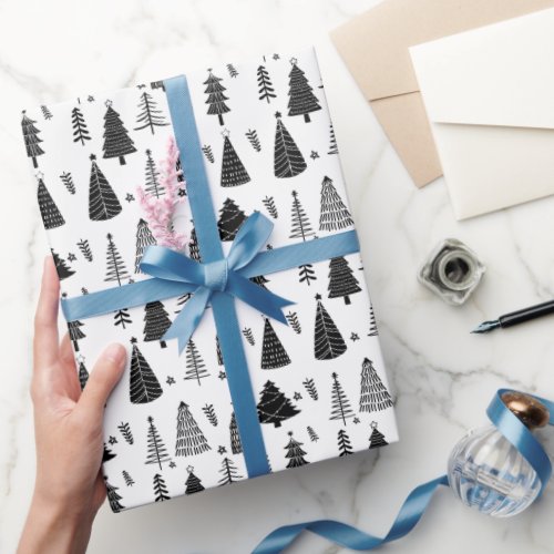 Modern Black and White Christmas Tree Wrapping Paper