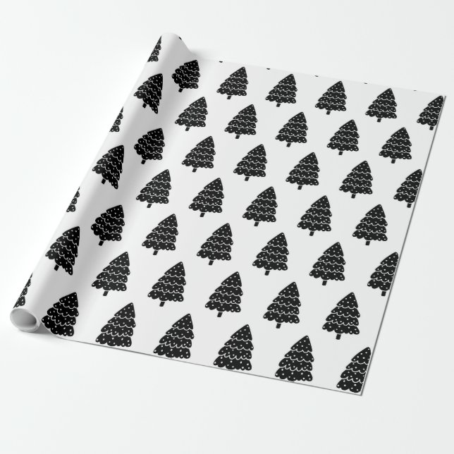 Modern Black and White Christmas Tree Wrapping Paper (Unrolled)