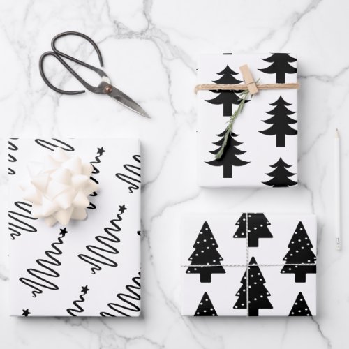 Modern Black and White Christmas Trees Gift Wrapping Paper Sheets