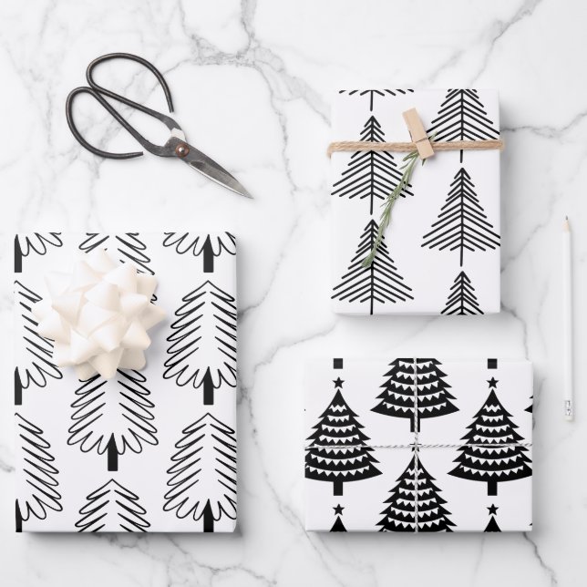 Modern Black and White Christmas Trees Pattern  Wrapping Paper Sheets (Front)