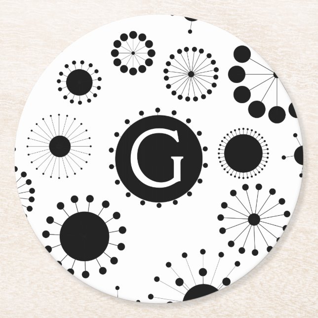 Modern Black And White Circles Pattern Round Paper Coaster (Front)