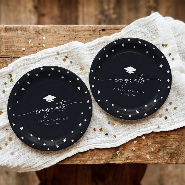 Modern Black and White Class of 2026 Graduation Paper Plates (Black and white graduation plates with script congrats, stars and graduation cap)