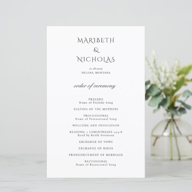 Modern Black and White Classy Wedding Program (Standing Front)