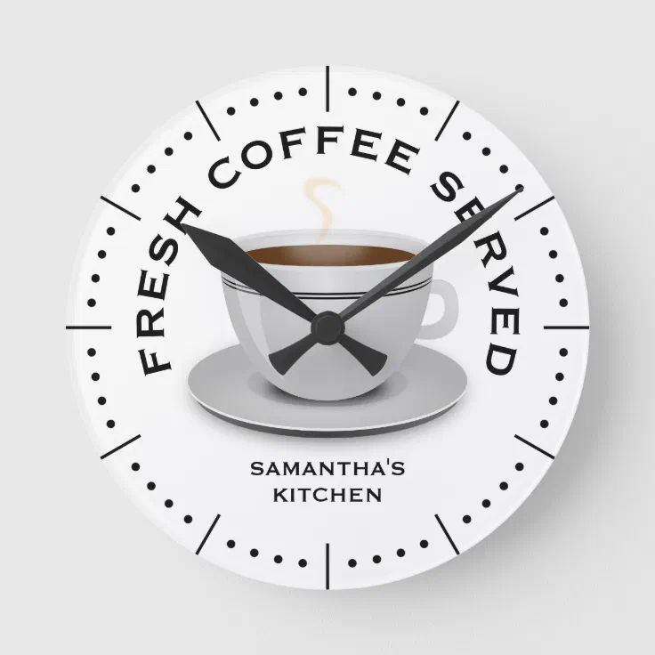 Modern Black And White Coffee Theme Kitchen Round Clock Zazzle