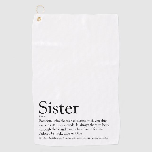 Modern Black and White Cool Sister Definition Golf Towel (Front)