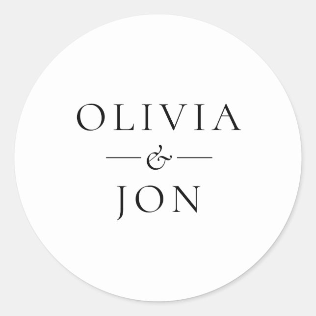 Modern Black and White Couples Names Wedding Classic Round Sticker (Front)