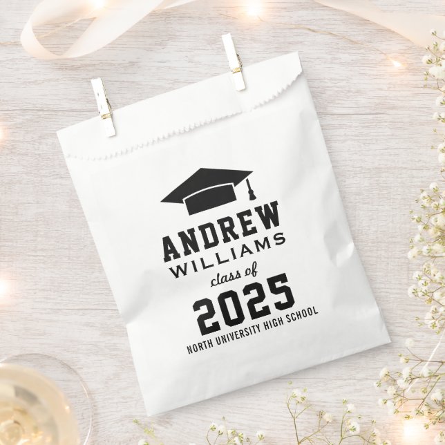Modern Black and White Custom Graduation Party Favor Bag (Clipped)