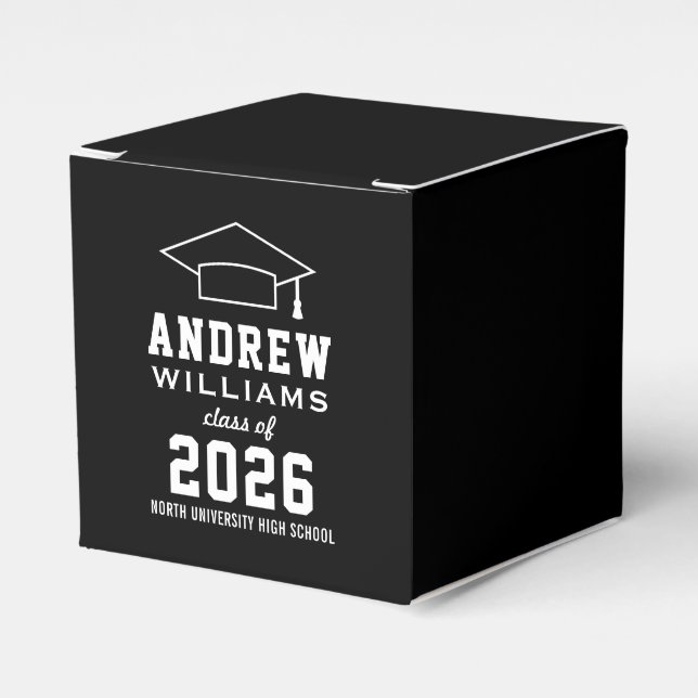 Modern Black and White Custom Graduation Party Favor Boxes (Front Side)