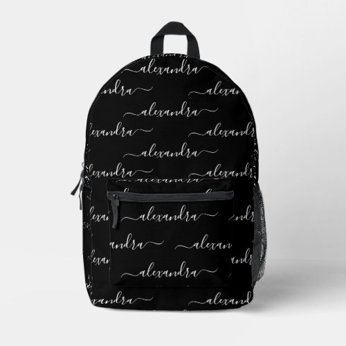 Modern black and white custom script name pattern printed backpack