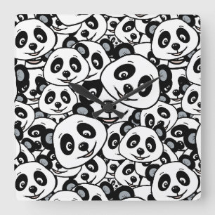 Modern Black and White Cute Panda Bear Pattern Square Wall Clock