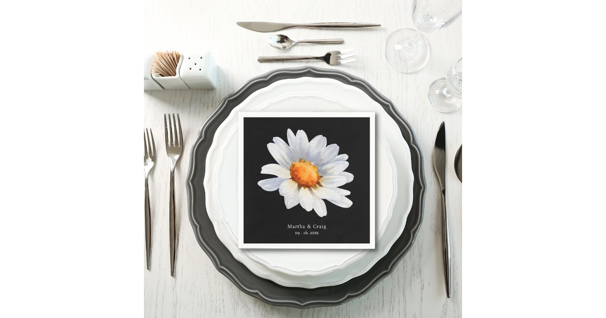 Modern Black and White Daisy Flower Wedding Napkins | Zazzle
