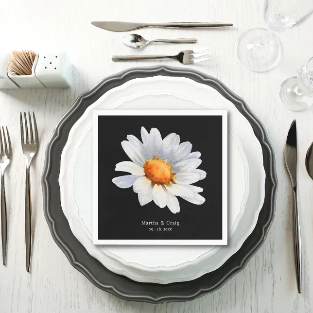 Modern Black and White Daisy Flower Wedding Napkins | Zazzle