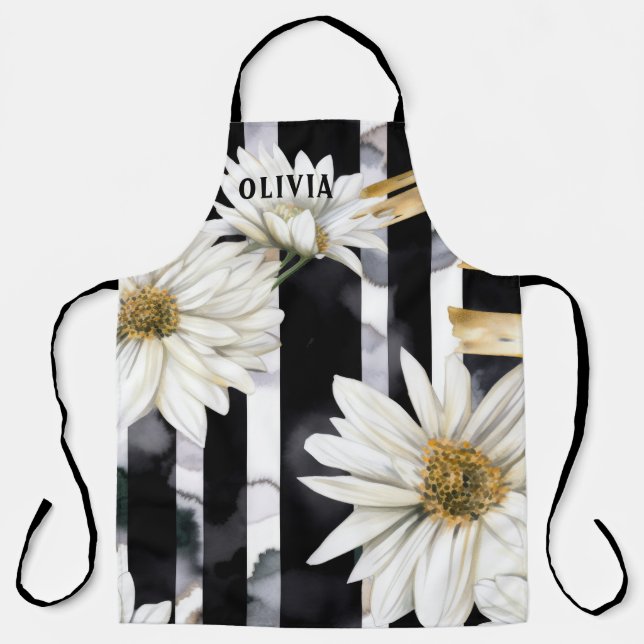 Modern Black and White Daisy Striped Custom Name Apron (Front)