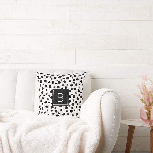 Modern Black and White Dalmatian Print Monogram Throw Pillow