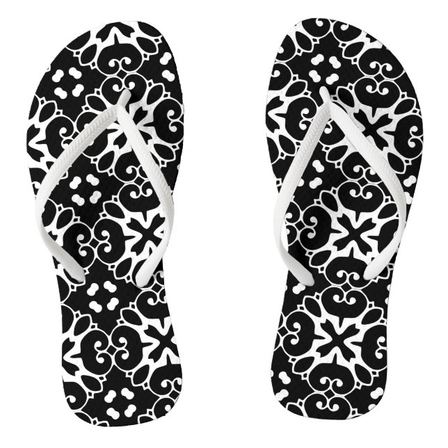 Modern Black and White damask Graphic Floral Flip Flops (Footbed)