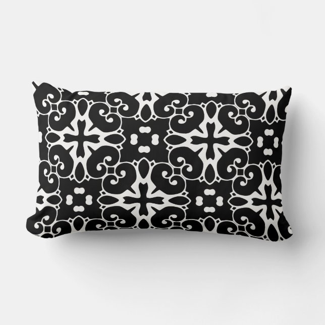 Modern Black and White damask Graphic Floral Lumbar Pillow (Front)