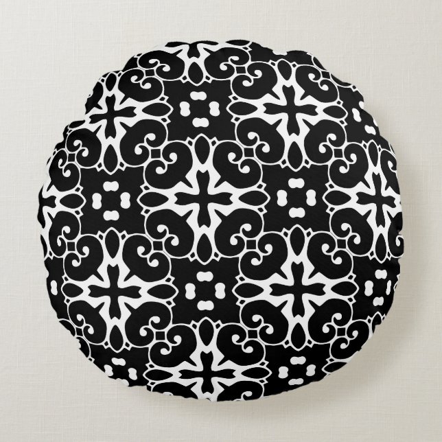 Modern Black and White damask Graphic Floral Round Pillow (Front)