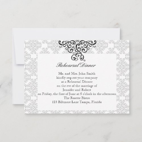 Modern Black and White Damask Wedding Rehearsal Invite