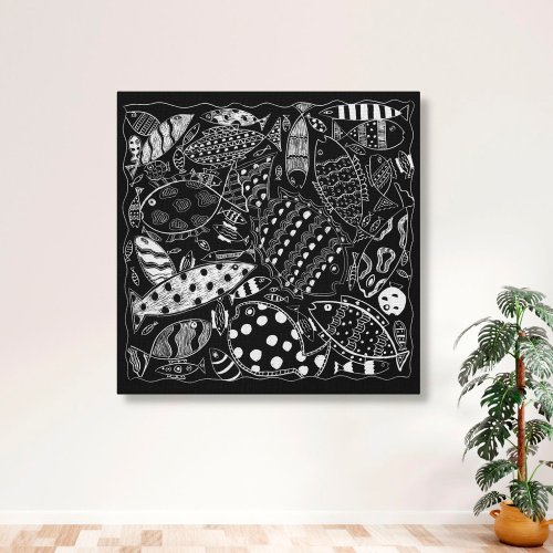 Modern Black And White Decorative Fish Pattern Canvas Print