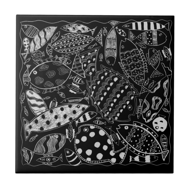 Modern Black And White Decorative Fish Pattern  Ceramic Tile (Front)